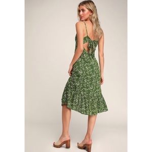 Olive Green Floral Print Ruffled Tie-Back Button-Down Midi Dress